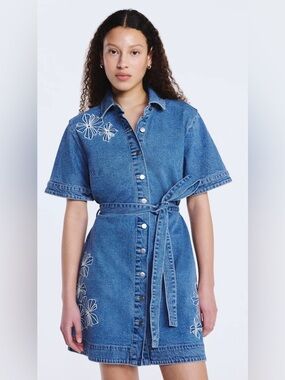 Free assembly Denim Button-Front Shirt Dress with Floral Embroidery